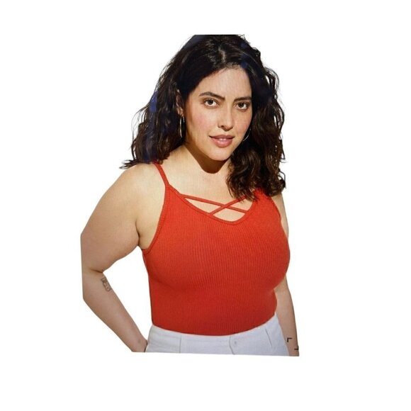 Women's Torrid 3, 3X, 22-24 Cross Front Tank Top, Shirt, Firewhirl, Brick Color - Picture 2 of 5